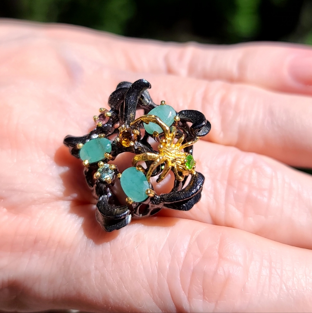 Emerald Peridot Tourmaline citrine aquamarine spider sterling silver ring sz9 - Picture 8 of 15